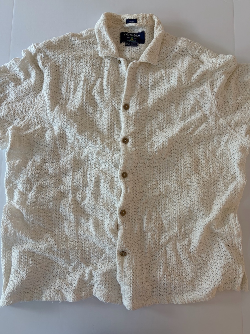 Chubbies Men’s Cream Colored Crochet Button Down Open Knit Camp Collar Size XL